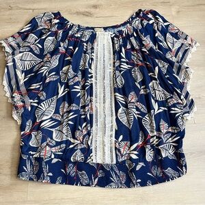 Democracy Multicolor Floral Leaf Print Flutter Sleeve Blouse Top Plus Size 3X